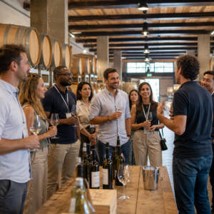 equipo haciendo una cata de vinos en una bodega
