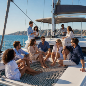 equipo pasando el dia en un catamaran